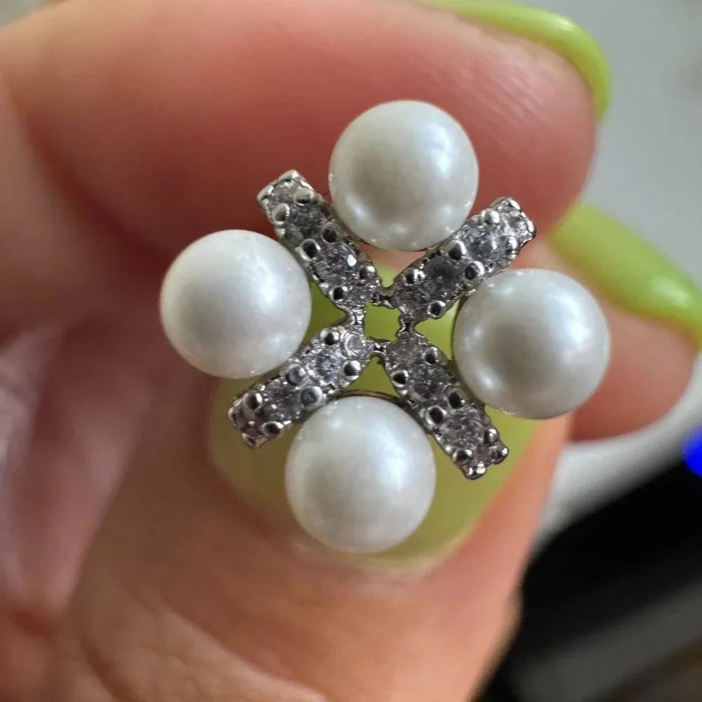 925 Sterling Silver Pearl & CZ Cluster Stud Earrings - Picture 6 of 6